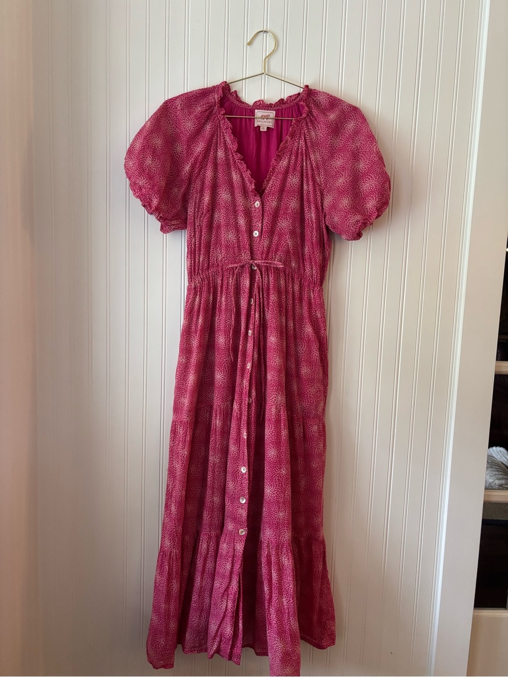 BANJANAN Pink Button-Front Maxi Dress with Puff Sleeves